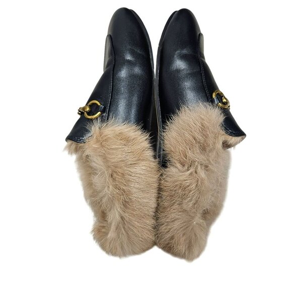 Vertundy Fully Fur-Lined Black Leather Loafers With Gold Buckle Detail Size 6.5 - Picture 7 of 10
